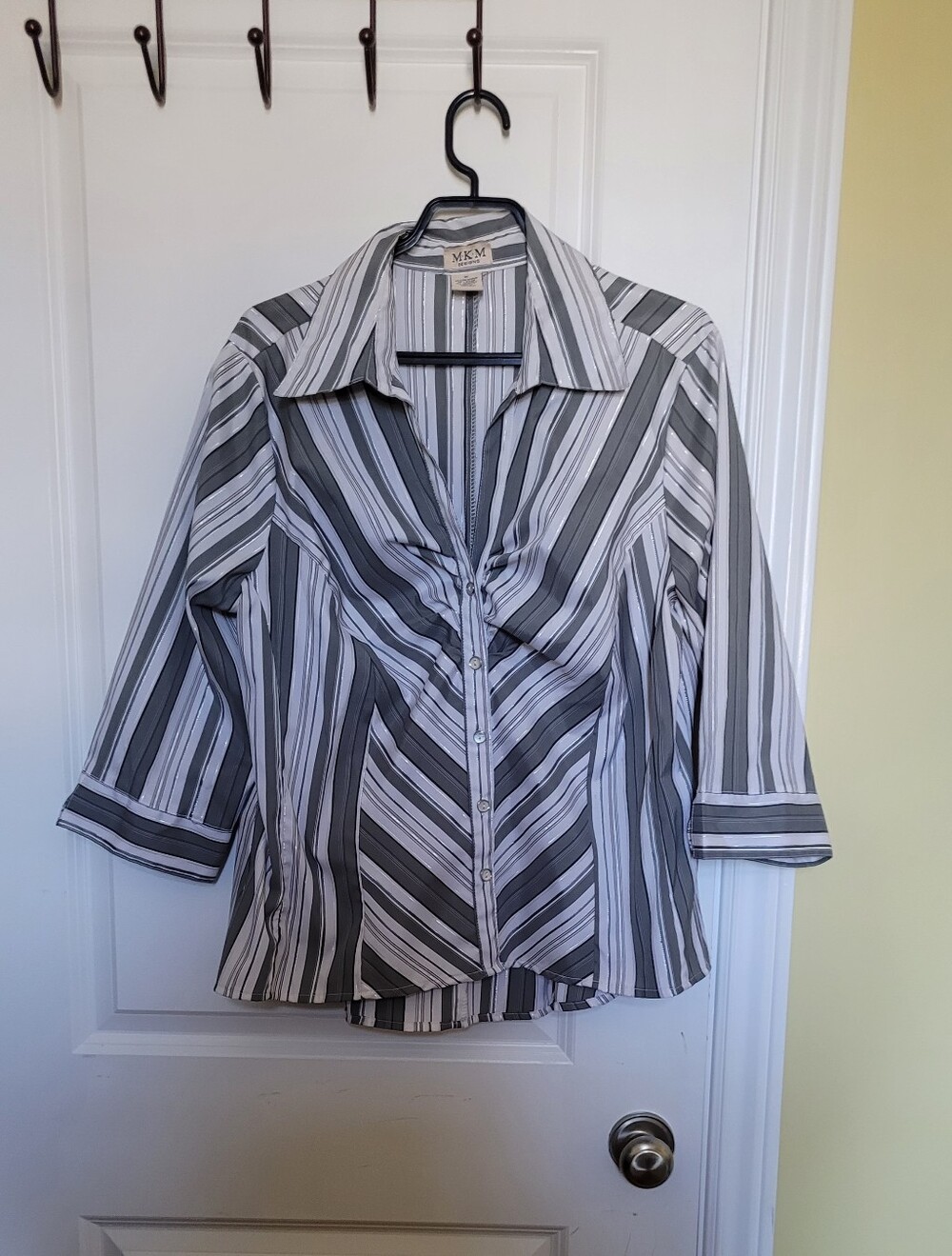 MKM Designs blouse shirt top grey white silver stripes plus size 1X office